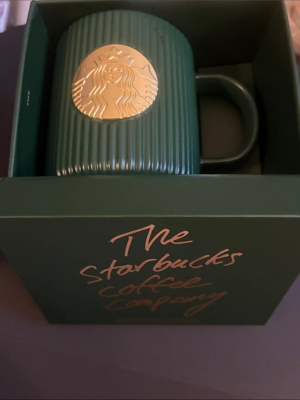2025 Limited Edition Starbucks Dark Forest Green and Gold Pleated Coffee Mug